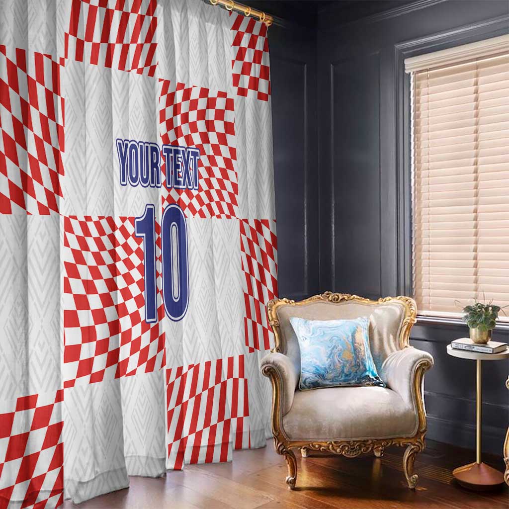 White window curtain with red checkered pattern and blue 'YOUR TEXT 10' design