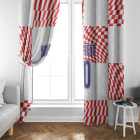 Window curtain panels in white with red checkered blocks and blue 'YOUR TEXT 10'