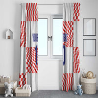White window curtain set with red checkered pattern and blue 'YOUR TEXT 10' text