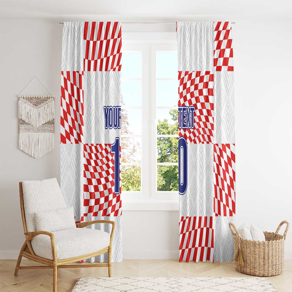 White window curtain with red checkered squares and blue 'YOUR TEXT 10' print