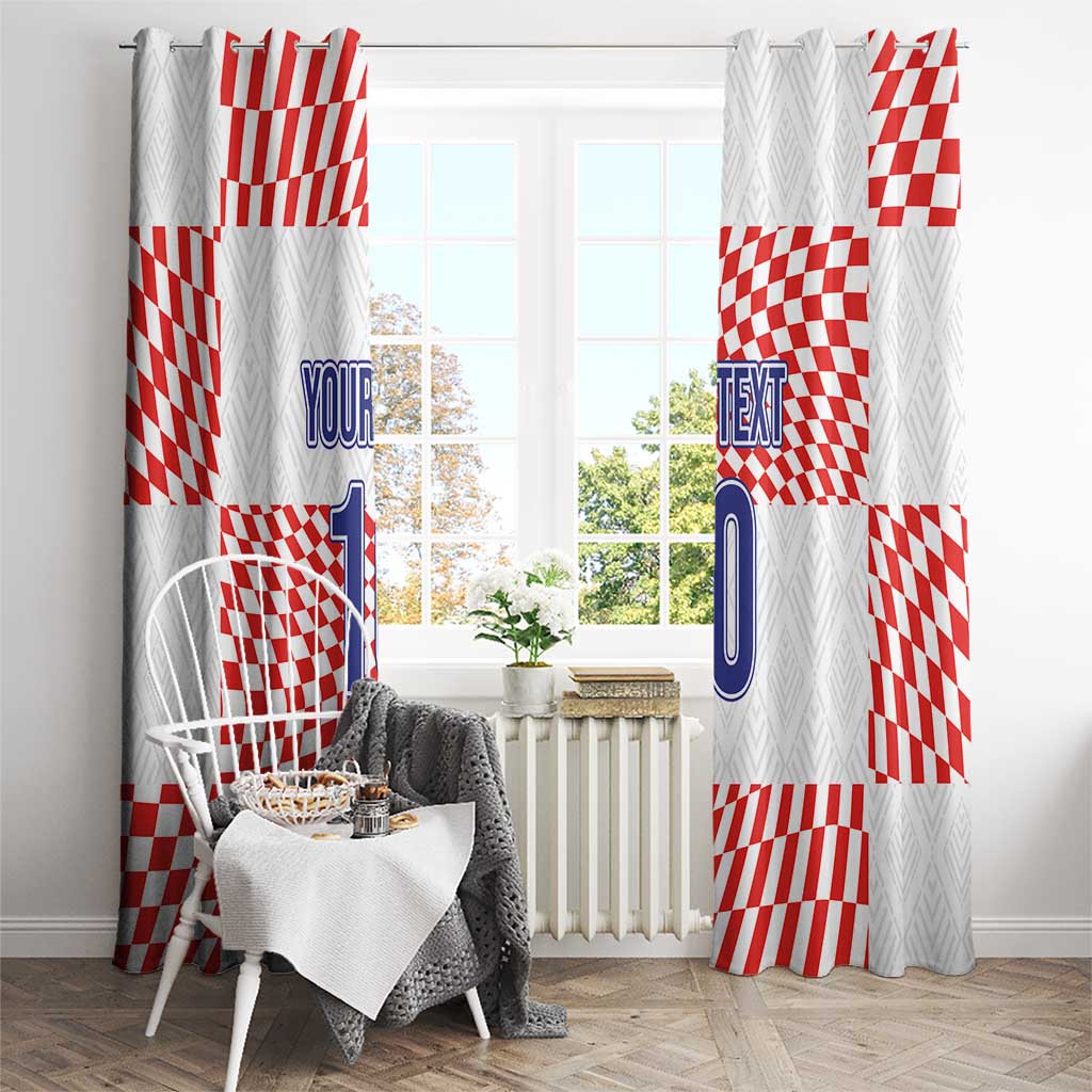 White window curtain panels with red checkered pattern and blue 'YOUR TEXT 10' graphic
