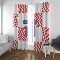 White window curtain with red checkered sections and blue 'YOUR TEXT 10' on fabric