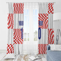 White window curtain with red checkered design and blue 'YOUR TEXT 10' center print