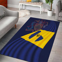 Blue rectangular area rug featuring Barbados flag motif with yellow emblem strip