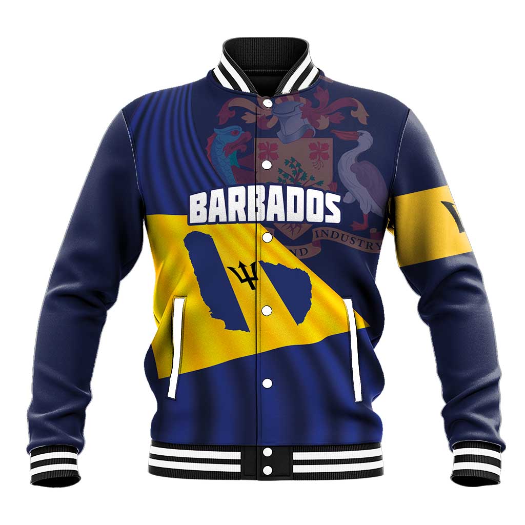 Unisex baseball jacket with ribbed varsity trim; BARBADOS text and flag graphic on front