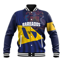 Unisex baseball jacket with ribbed varsity trim; BARBADOS text and flag graphic on front