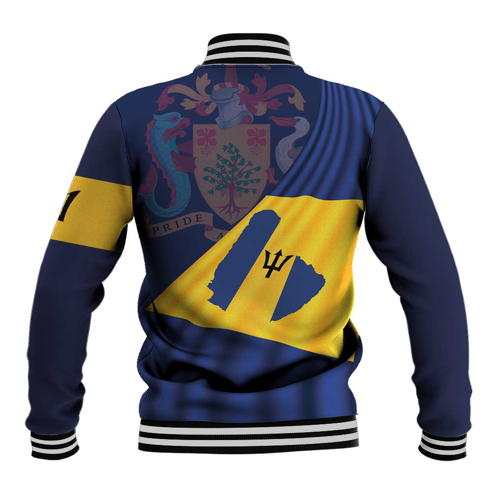 Unisex baseball jacket with ribbed collar, cuffs, hem; blue and yellow flag graphic on back