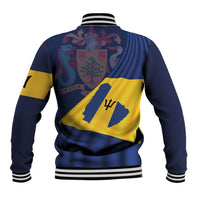Unisex baseball jacket with ribbed collar, cuffs, hem; blue and yellow flag graphic on back
