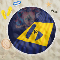 Round beach blanket with Barbados flag design and white fringe edge