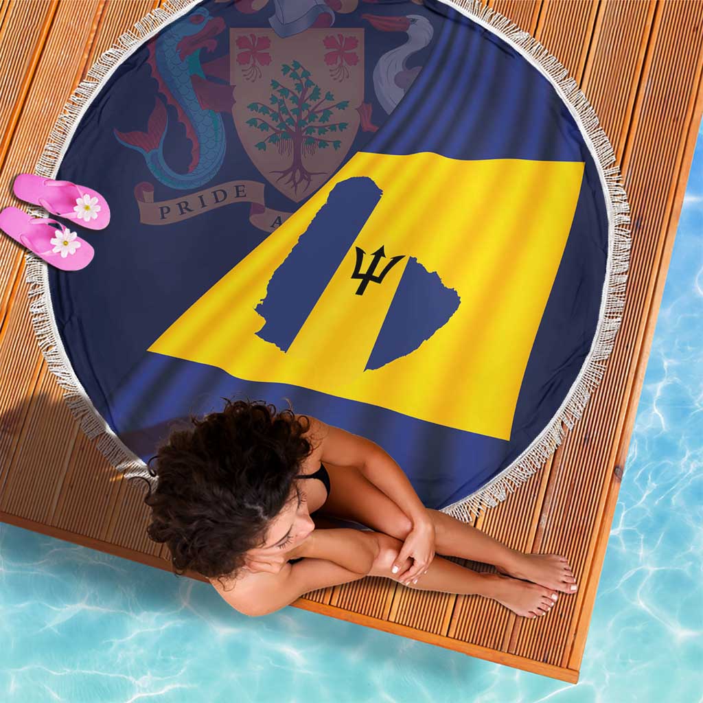 Round Barbados flag beach blanket with white fringe edge, partially covering