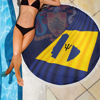 Round Barbados flag beach blanket with white fringe edge beside pool