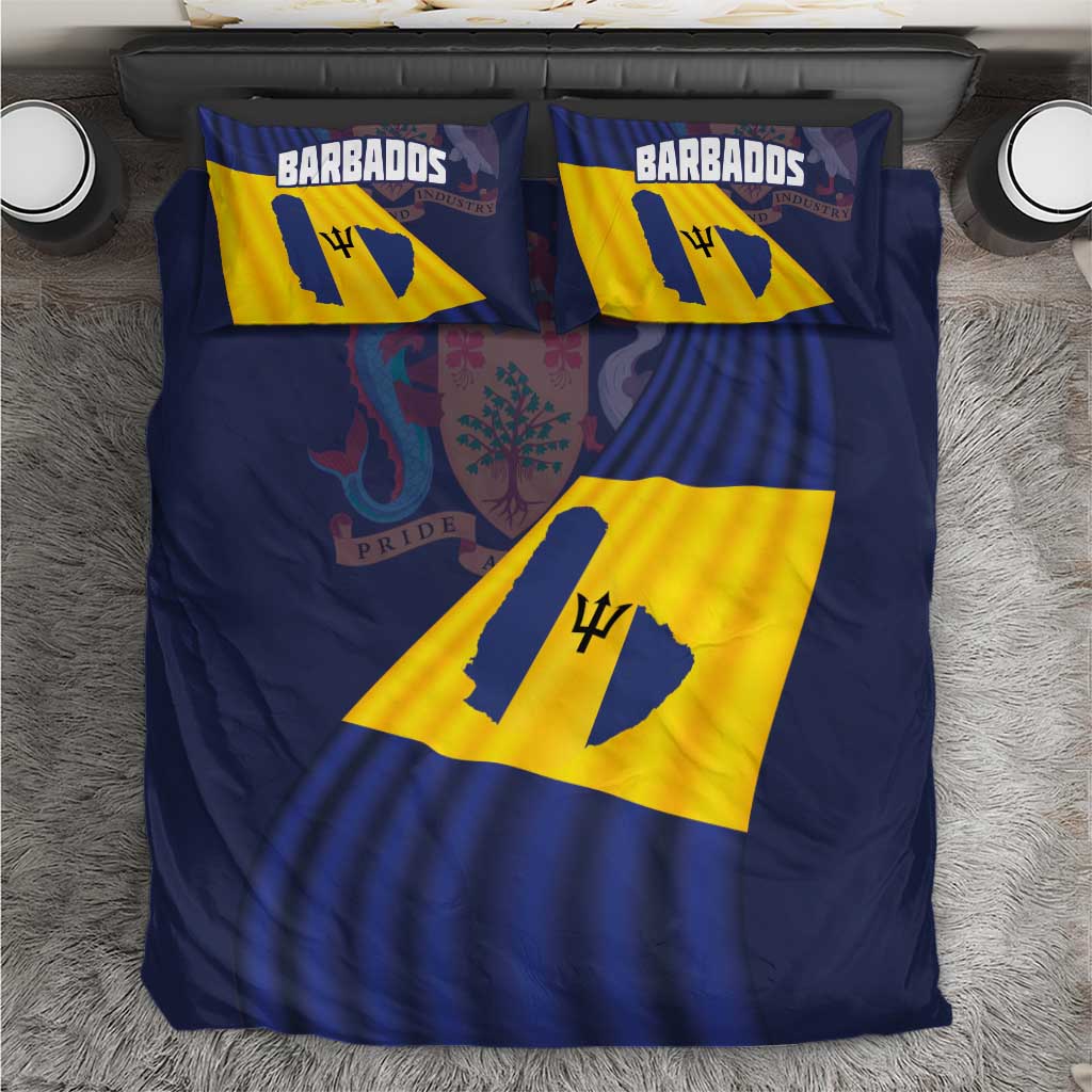 Blue and yellow Barbados flag bedding set with “BARBADOS” pillows and trident emblem