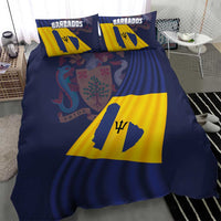Navy-blue Barbados flag bedding set with yellow panel and trident emblem on duvet