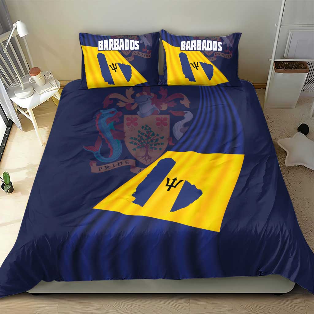 Barbados flag bedding set featuring “BARBADOS” pillows, blue duvet, and yellow trident