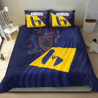 Barbados flag bedding set featuring “BARBADOS” pillows, blue duvet, and yellow trident