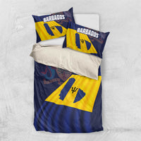Barbados flag bedding set with two “BARBADOS” pillowcases and trident emblem on duvet