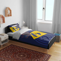 Barbados flag bedding set in navy and yellow, with matching pillowcases and trident