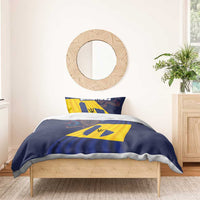 Blue and yellow Barbados flag duvet with two pillowcases showing trident and “BARBADOS”
