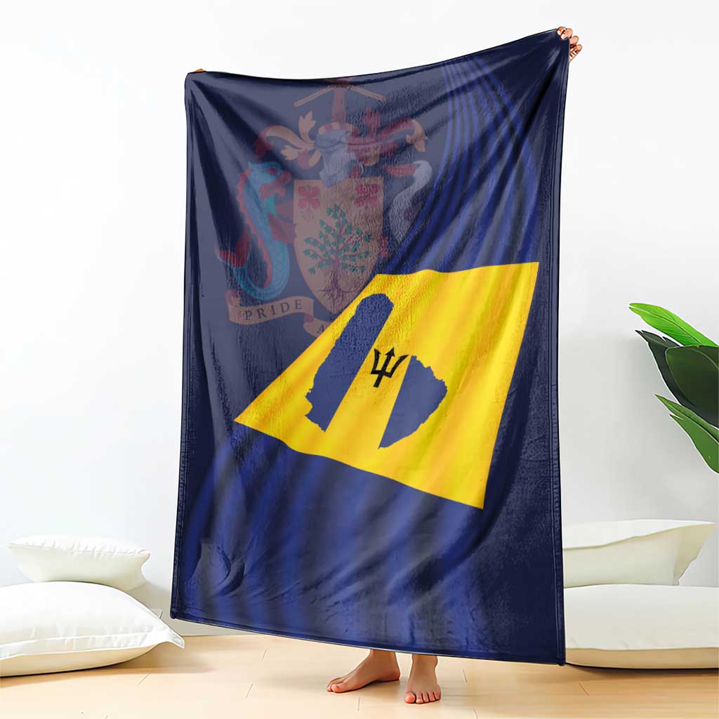 National flag design blanket, blue with yellow cross and coat-of-arms, draped vertically