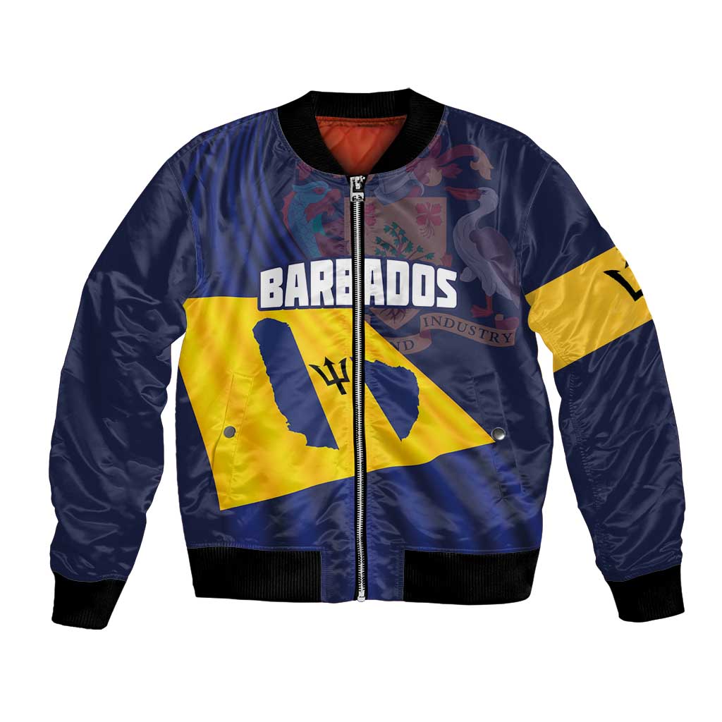 Unisex blue bomber jacket with Barbados flag front graphic and zip front