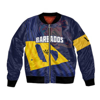 Unisex blue bomber jacket with Barbados flag front graphic and zip front
