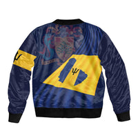 Unisex blue bomber jacket with Barbados flag back graphic and black ribbed hem