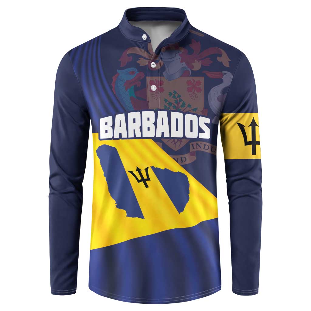 Navy button henley sweatshirt with Barbados flag graphic, long sleeves