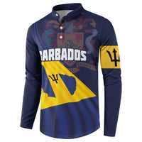 Navy long-sleeve button henley sweatshirt with Barbados wordmark and flag graphic