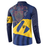 Navy button henley sweatshirt with Barbados flag graphic on the back