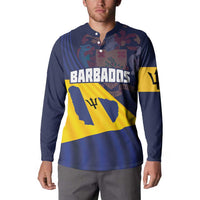 Navy long-sleeve button henley sweatshirt with Barbados flag graphic on chest
