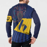 Navy button henley sweatshirt with Barbados flag graphic on back, worn by model