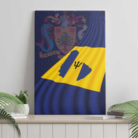 Barbados flag canvas wall art showing blue and yellow diagonal design with crest