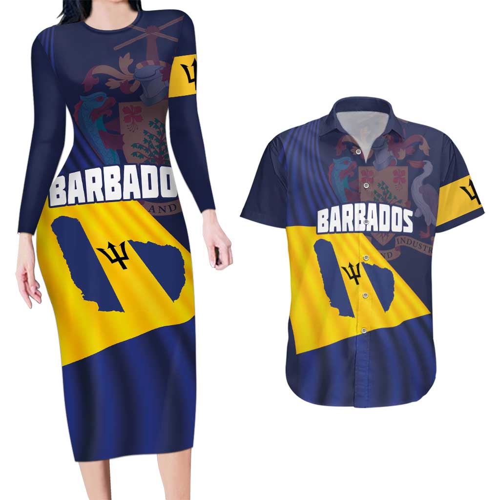 Barbados Independence Day Couples Matching Long Sleeve Bodycon Dress and Hawaiian Shirt National Flag Design - Wonder Print Shop