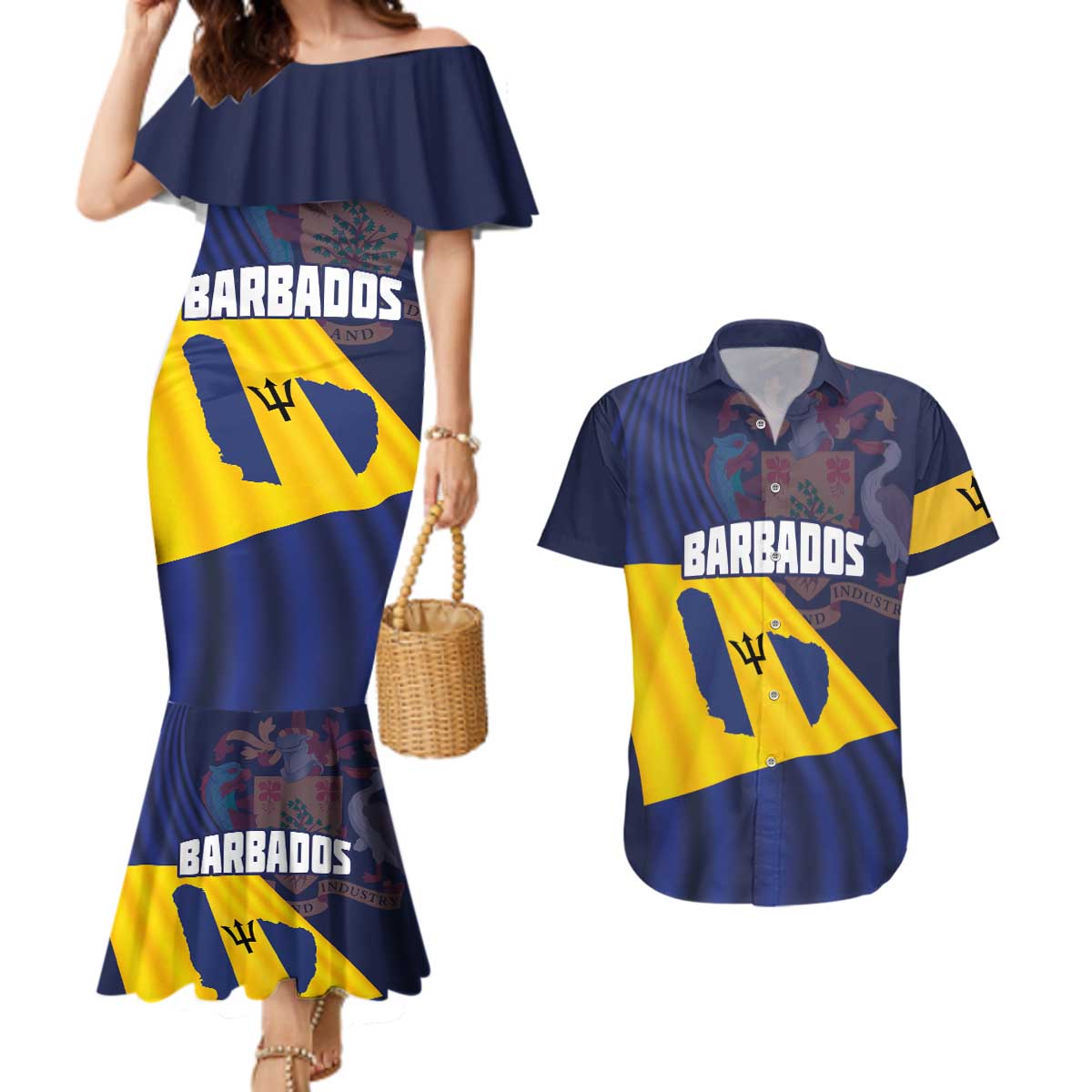 Barbados Independence Day Couples Matching Mermaid Dress and Hawaiian Shirt National Flag Design - Wonder Print Shop