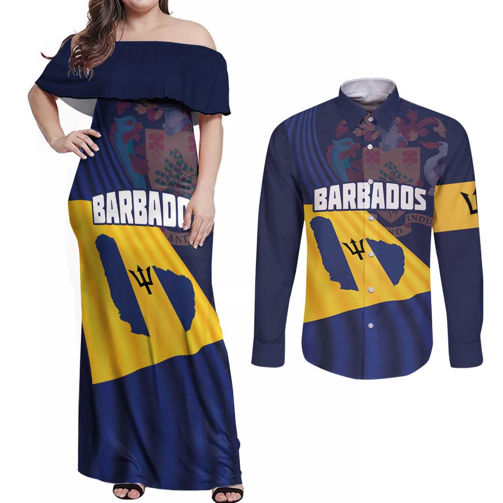 Barbados Independence Day Couples Matching Off Shoulder Maxi Dress and Long Sleeve Button Shirt National Flag Design - Wonder Print Shop