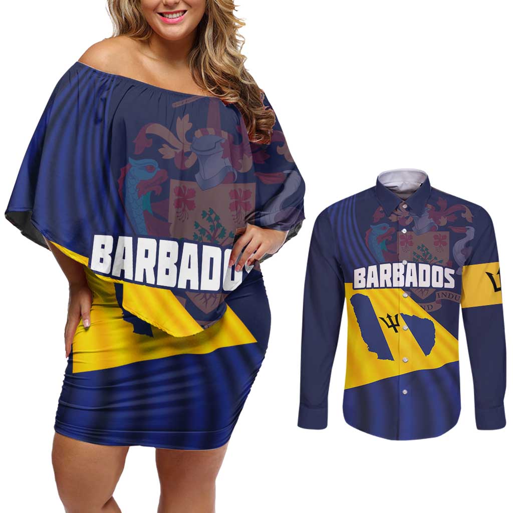 Barbados Independence Day Couples Matching Off Shoulder Short Dress and Long Sleeve Button Shirt National Flag Design - Wonder Print Shop