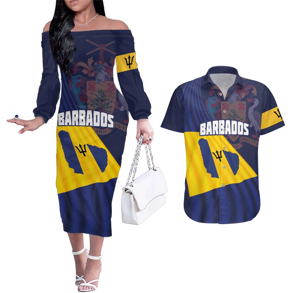 Barbados Independence Day Couples Matching Off The Shoulder Long Sleeve Dress and Hawaiian Shirt National Flag Design - Wonder Print Shop