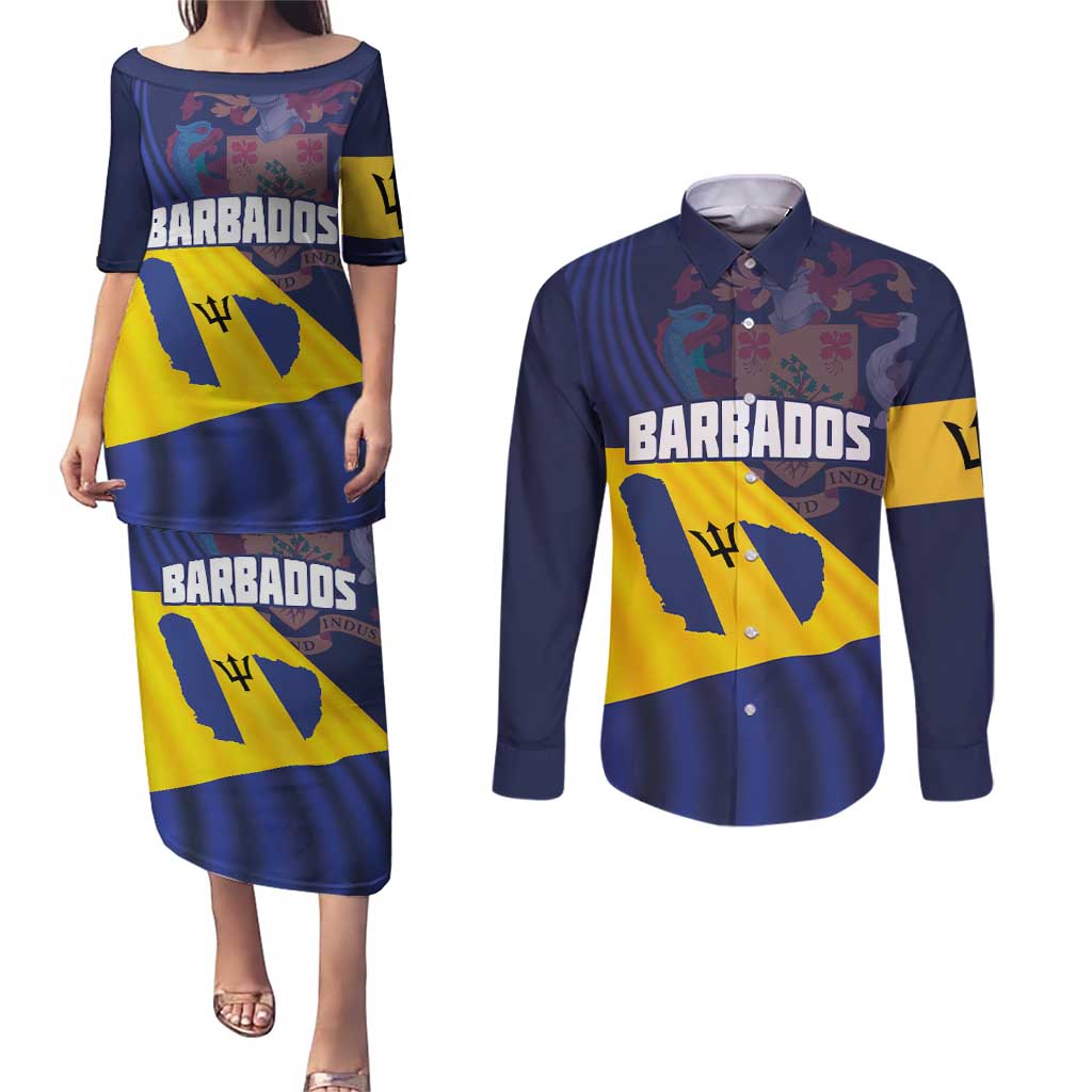 Barbados Independence Day Couples Matching Puletasi and Long Sleeve Button Shirt National Flag Design - Wonder Print Shop