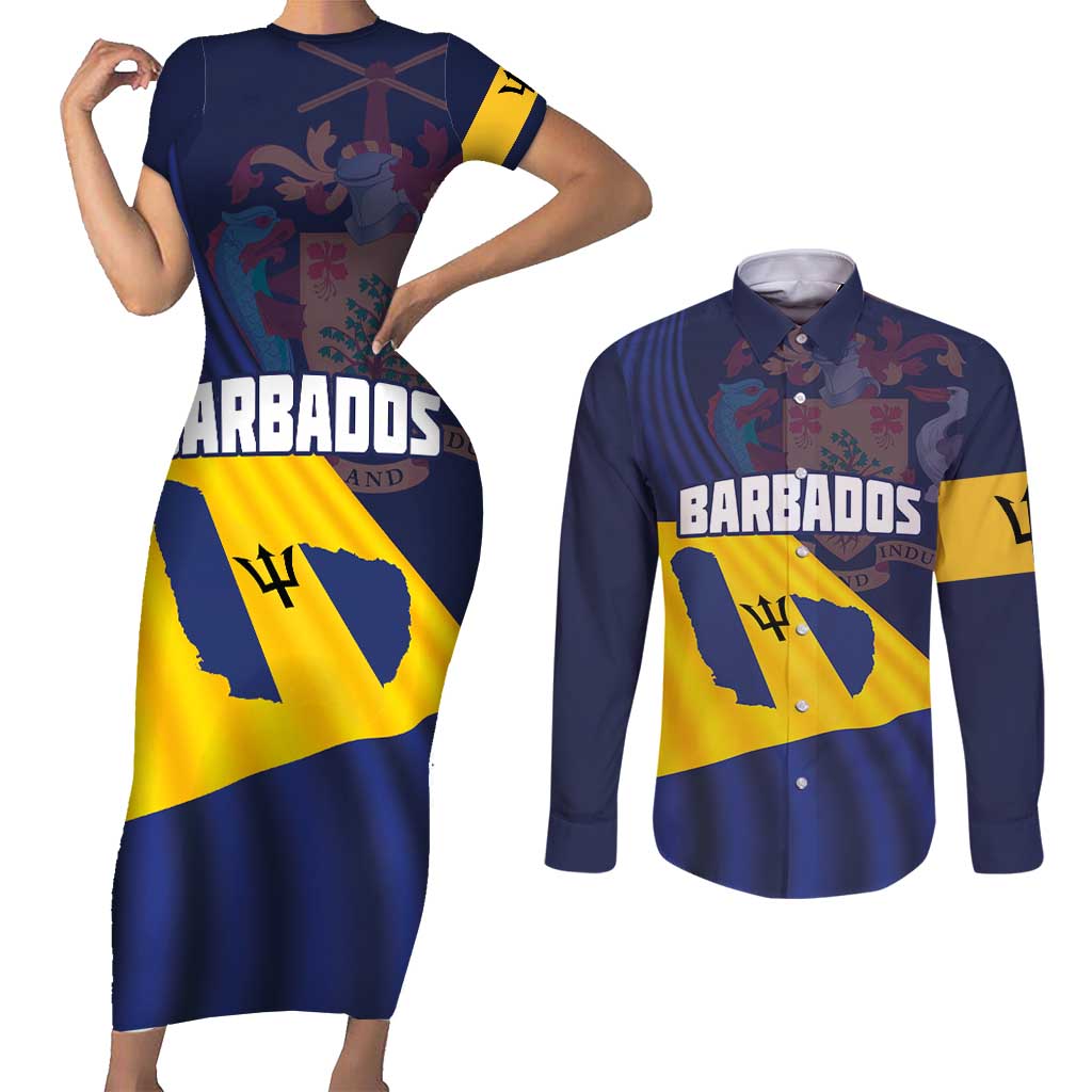 Barbados Independence Day Couples Matching Short Sleeve Bodycon Dress and Long Sleeve Button Shirt National Flag Design - Wonder Print Shop