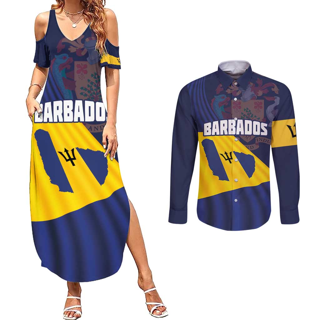 Barbados Independence Day Couples Matching Summer Maxi Dress and Long Sleeve Button Shirt National Flag Design - Wonder Print Shop