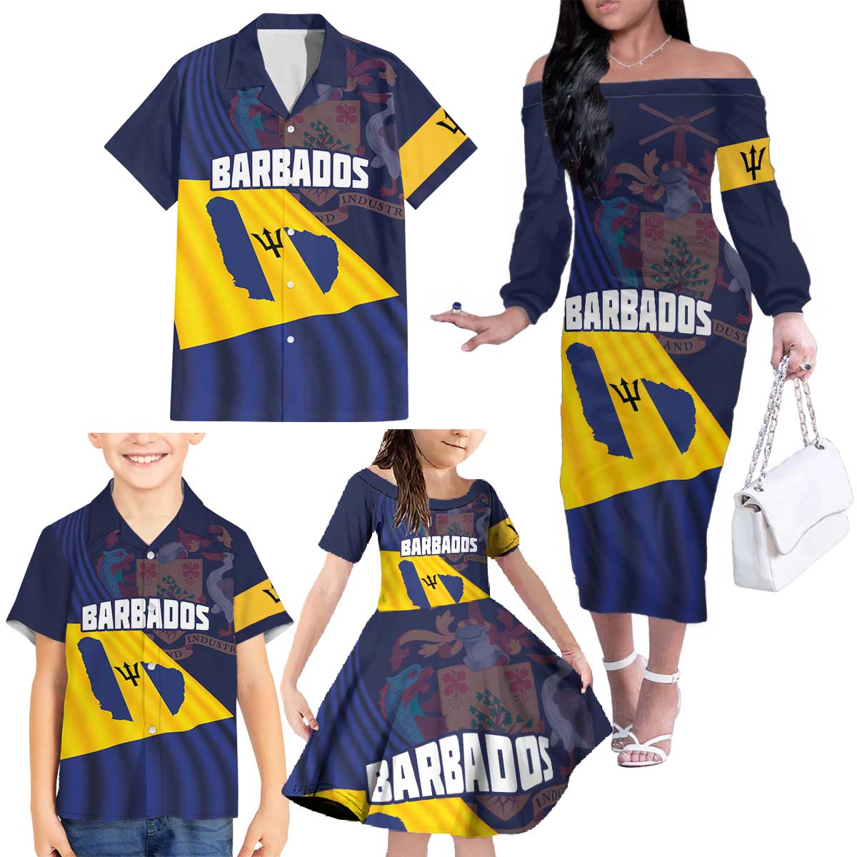 Barbados Independence Day Family Matching Off The Shoulder Long Sleeve Dress and Hawaiian Shirt National Flag Design - Wonder Print Shop