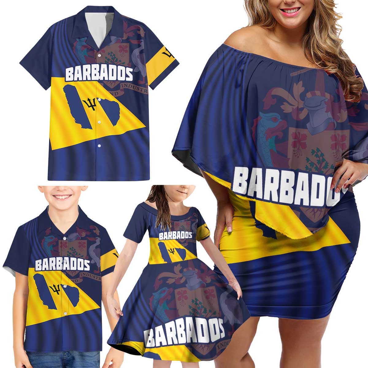 Barbados Independence Day Family Matching Off Shoulder Short Dress and Hawaiian Shirt National Flag Design - Wonder Print Shop