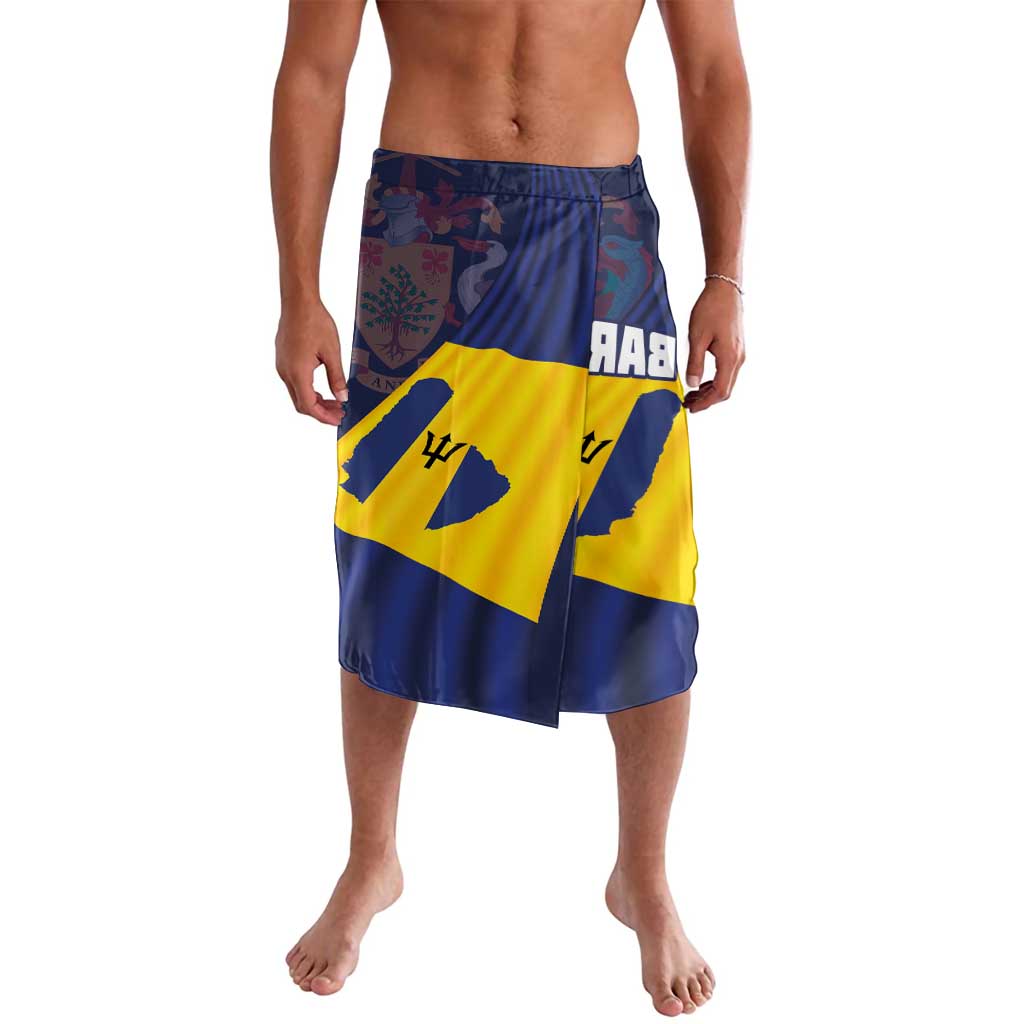 Barbados flag print swim shorts, blue and yellow, drawstring waist