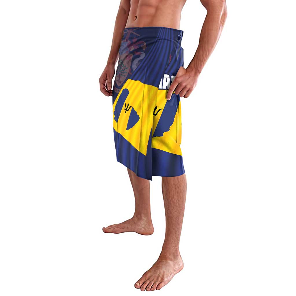 Barbados flag print swim shorts in blue and yellow, side view