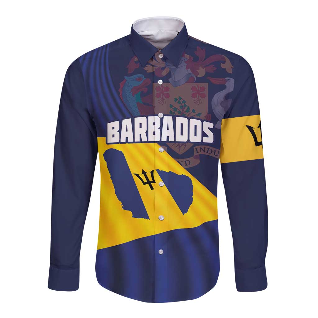 Blue long-sleeve button shirt with Barbados text and yellow flag panel on front