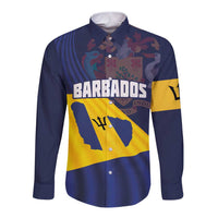 Blue long-sleeve button shirt with Barbados text and yellow flag panel on front
