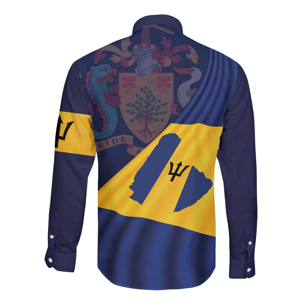 Blue and yellow long-sleeve button shirt, flag print with crest on back