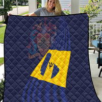 Blue quilted throw blanket with Barbados flag emblem in yellow and red center
