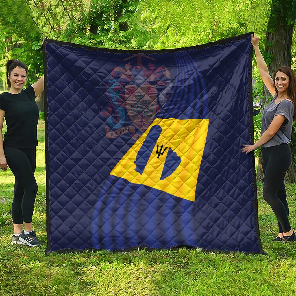Dark blue quilted blanket with Barbados flag design featuring yellow diamond