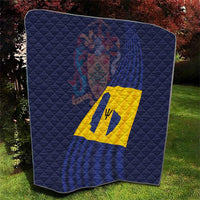 Navy quilted throw blanket showing Barbados flag symbol and yellow flag shape